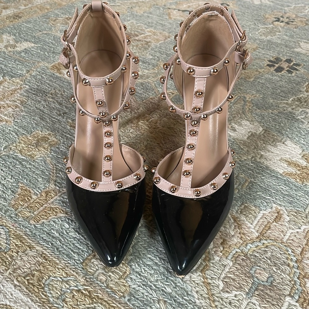 Studded Heels Ankle Strap Stud Sandals Pointy Closed Toe 4'' Stiletto  6 1/2